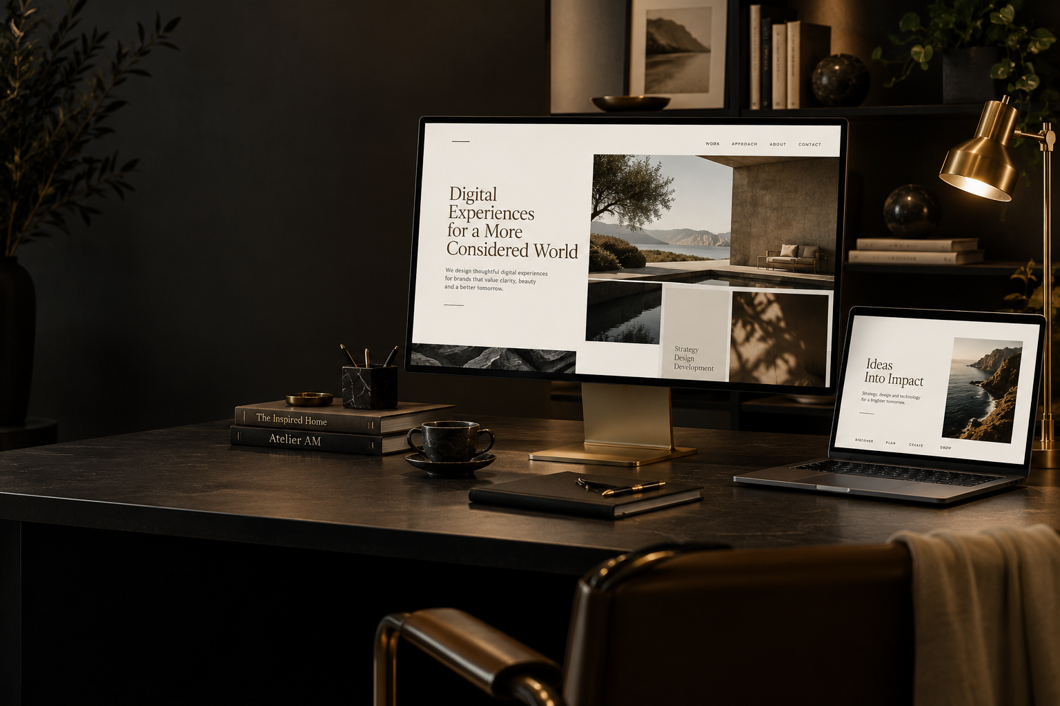 Sfeerbeeld van een werkplek voor webdesign met een website op het scherm